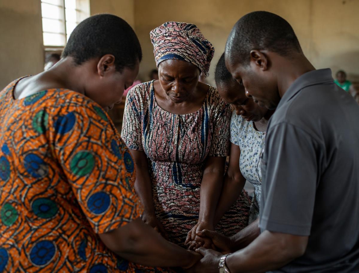 Church members praying together in a circle
